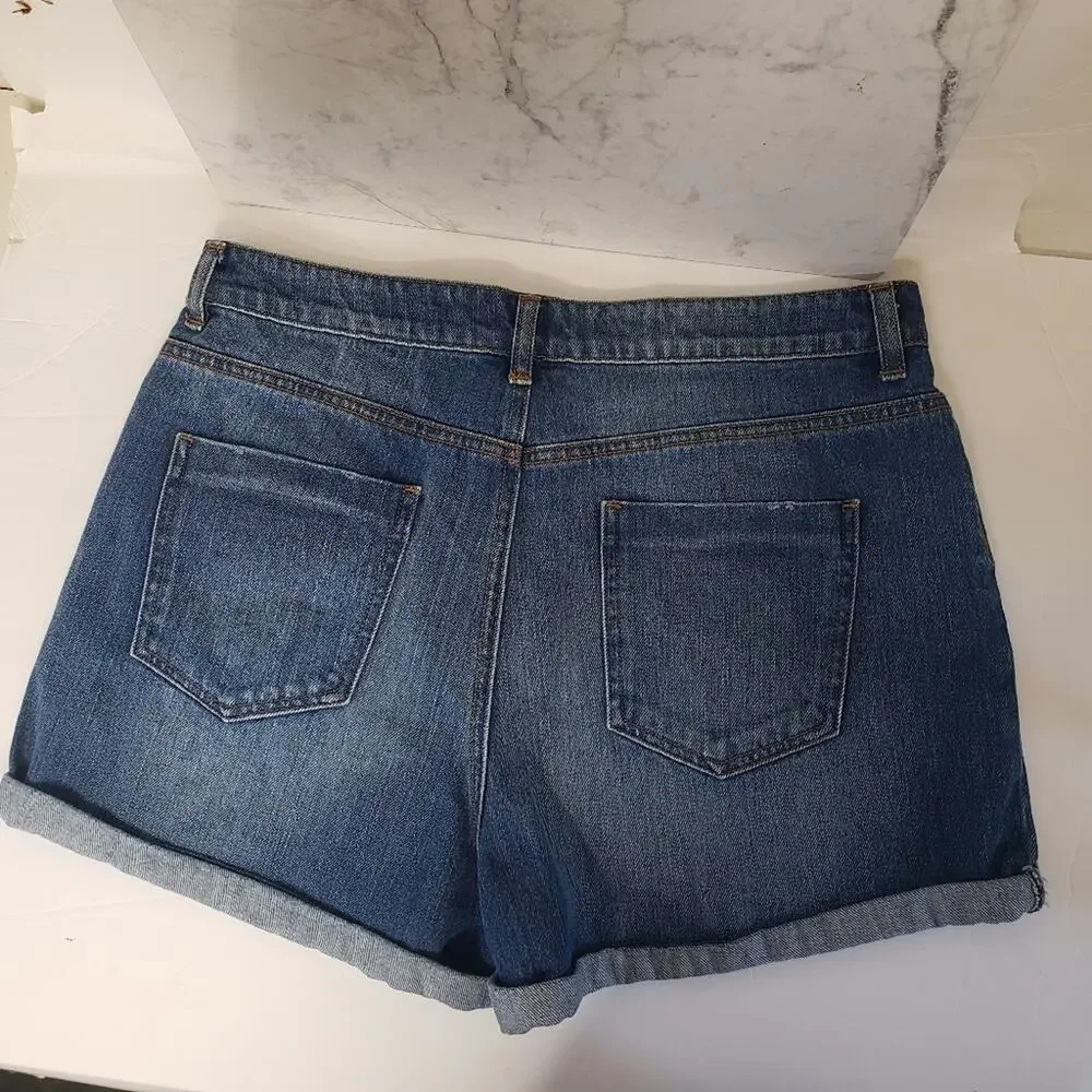 Asos denim jeans shorts distressed high waisted mom rolled hem size 12